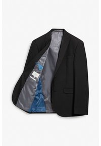 Black blazer with structured design, notch lapels, and a smooth gray satin lining. Features a blue interior pocket and stitched accents.