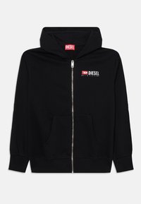 Black zip-up hoodie made of soft fabric, featuring a front pocket, ribbed cuffs, and a logo patch on the left chest.
