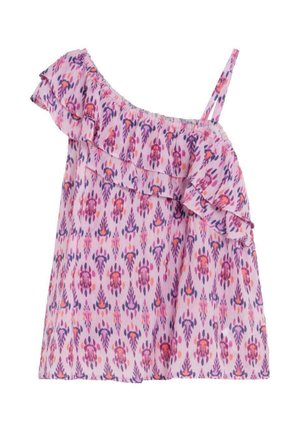 Top rosa sin mangas con patrón floral en tonos púrpura y naranja, con una tira en un hombro y un escote con volantes sobre el pecho.