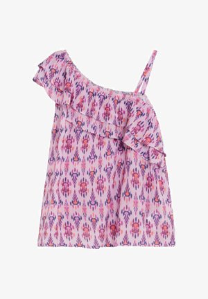 Haut rose sans manches avec un motif floral violet et orange, doté d'une bretelle unique et d'un col à volants traversant la poitrine.