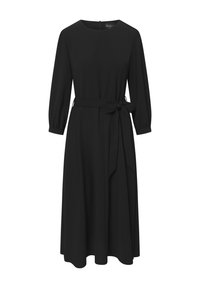 Crna haljina dugih rukava s okruglim izrezom, stradajući struk i fluidna suknja. Izrađena od glatkog materijala s čistim dizajnom bez vidljivih uzoraka.