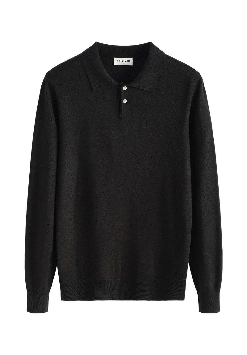 Polo à manches longues noir avec deux boutons blancs et un ourlet et des poignets côtelés, posé à plat sur un fond blanc.
