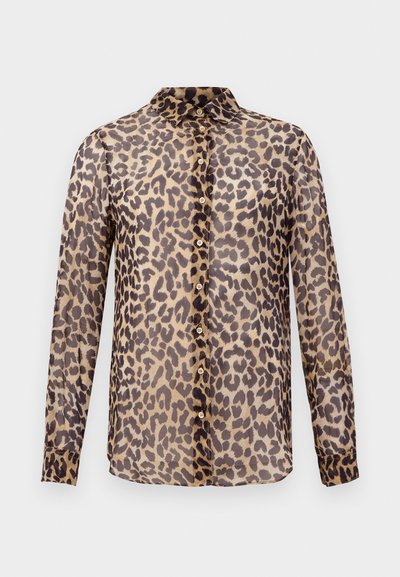 Leopard print, long-sleeve shirt in lightweight, sheer fabric. Features a classic collar, button front, and buttoned cuffs.
