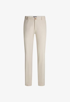 Beige linnen broek met een recht model, voorzien van een enkele knoopsluiting en riemlussen. Soepele textuur met subtiele verticale lijnen.