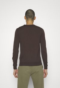 Pull marron à manches longues avec un design uni, des poignets et un ourlet côtelés, et un col rond classique. Porté avec un pantalon vert olive.