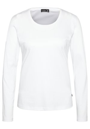 Langärmliges weißes T-Shirt mit rundem Ausschnitt, aus glattem Stoff hergestellt, mit geradem Saum und einem kleinen Logotag an der Seite.