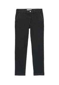 Jeans neri a gamba dritta con tasche frontali, passanti per cintura e chiusura con bottone in vita.