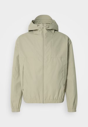 Hellgrüner Windbreaker mit Kapuze, elastischen Bündchen und einem Frontreißverschluss. Glatte Textur mit minimalistisches Design und ohne sichtbare Muster.