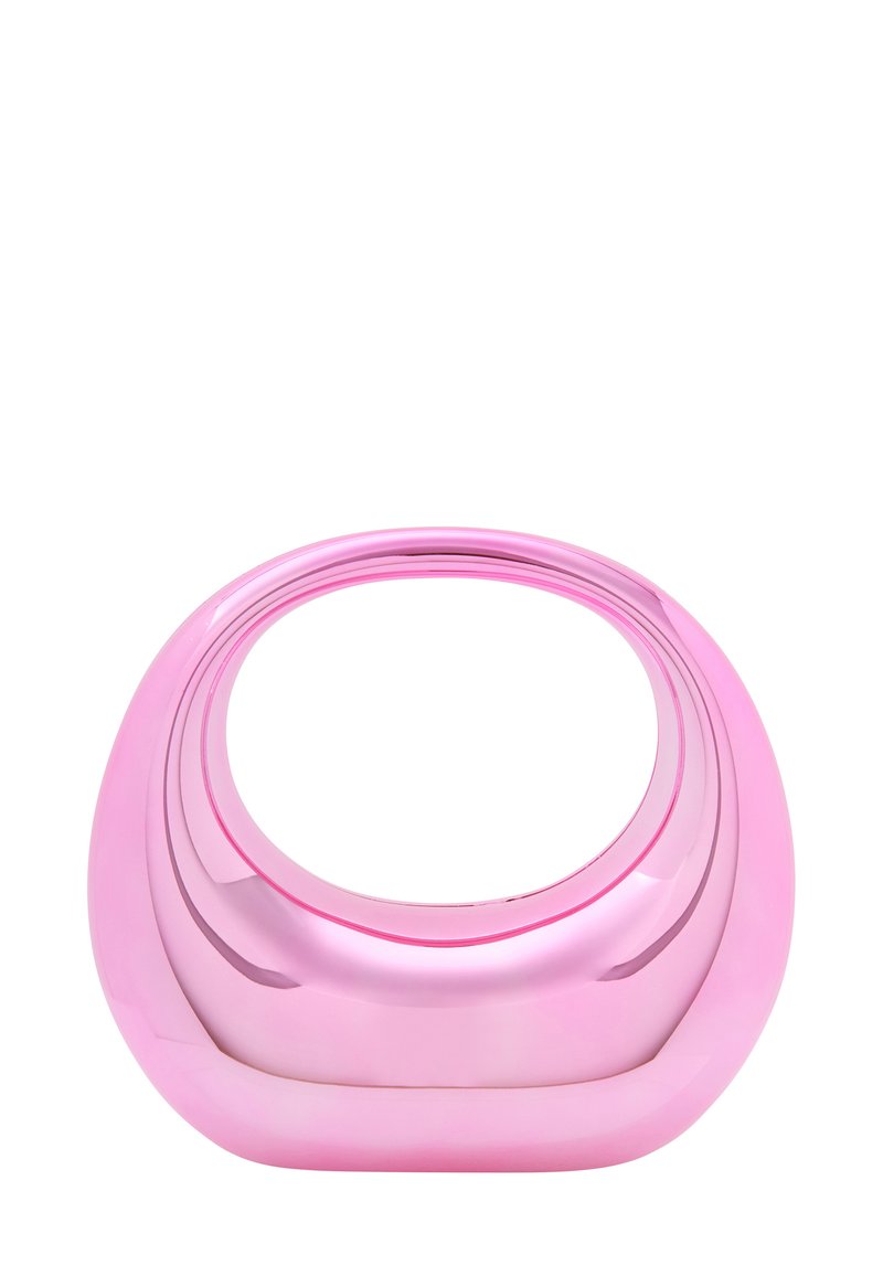 Glansfuld pink dekorationsskål med en rund form og lagdelt design, der har glatte kurver og en poleret overflade. Ingen yderligere detaljer.