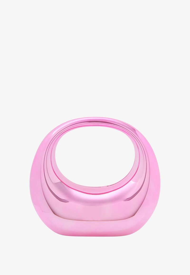 Glansfuld pink dekorationsskål med en rund form og lagdelt design, der har glatte kurver og en poleret overflade. Ingen yderligere detaljer.