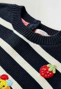 Navy-blauer gestrickter Pullover mit weißen Streifen. Verfügt über eine gestickte rote Erdbeere und blumige Akzente an der Vorderseite. Tags sind im Ausschnitt sichtbar.
