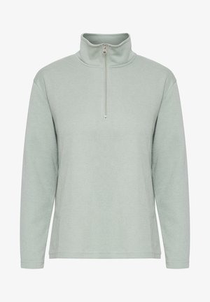 Lichtgroene fleece pullover met lange mouwen, hoge kraag en een halflange rits aan de voorkant. Heeft een zachte textuur en een minimalistisch ontwerp.
