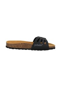 Black slide sandal with a cork footbed, featuring a slotted strap design and a textured black rubber sole. Brand "palado" visible on the side.