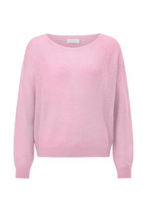 Jasnoróżowy sweter z dzianiny z długimi rękawami, okrągłym dekoltem oraz ściągaczami na mankietach i u dołu, prezentowany na jednolitym białym tle.