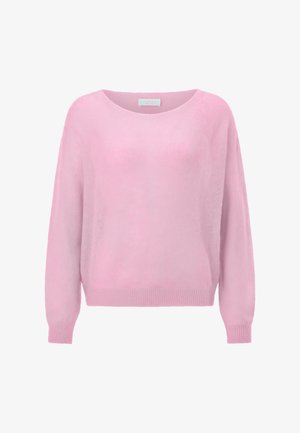 Jasnoróżowy sweter z dzianiny z długimi rękawami, okrągłym dekoltem oraz ściągaczami na mankietach i u dołu, prezentowany na jednolitym białym tle.