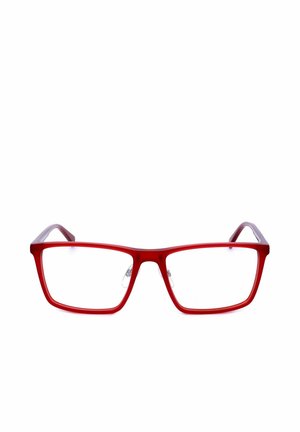 Montatura rettangolare per occhiali rossa con lenti trasparenti e naselli, posizionata frontalmente su uno sfondo bianco.