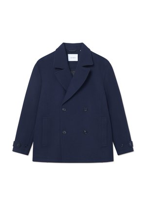 Navy double-breasted peacoat made of wool-blend fabric, featuring large buttons, side pockets, and a notched collar.