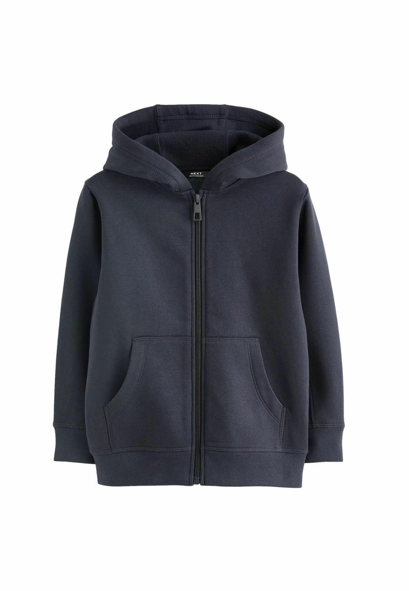 Haut de sweatshirt zippé bleu marine en mélange de coton doux, avec une fermeture éclair à l'avant, deux poches latérales et une capuche avec un bord côtelé.