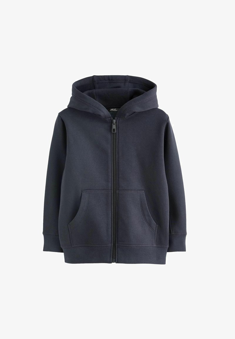 Haut de sweatshirt zippé bleu marine en mélange de coton doux, avec une fermeture éclair à l'avant, deux poches latérales et une capuche avec un bord côtelé.