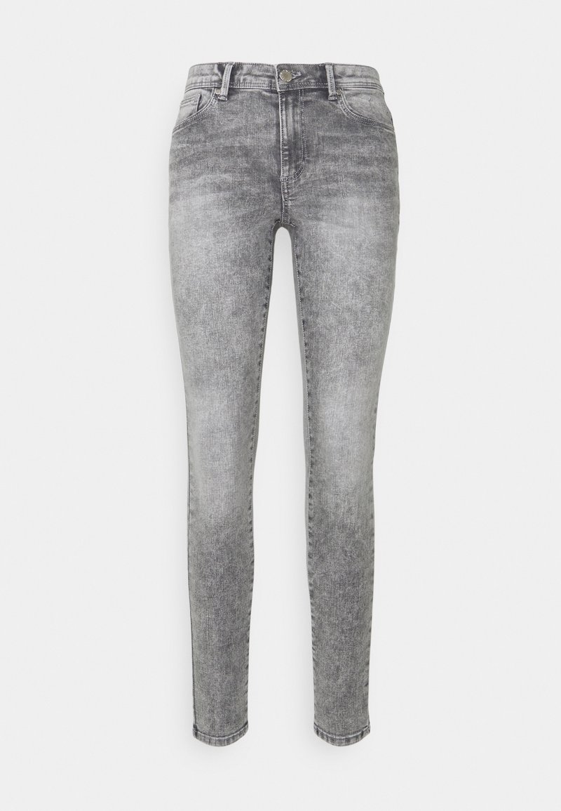 Jean slim fit femme gris délavé à l'acide avec bouton devant, fermeture éclair, style cinq poches.