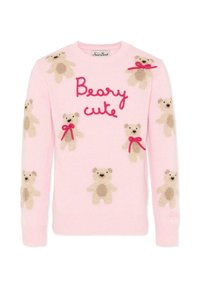 Różowy sweter dzianinowy z beżowymi motywami niedźwiadka i czerwonymi kokardkami oraz frazą "Beary cute" w różowym kursywie z przodu.