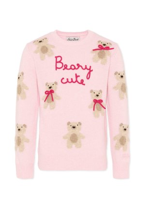 Maglione rosa lavorato a maglia con motivi di orsetti beige con fiocchi rossi e la scritta "Beary cute" in corsivo rosa sul davanti.