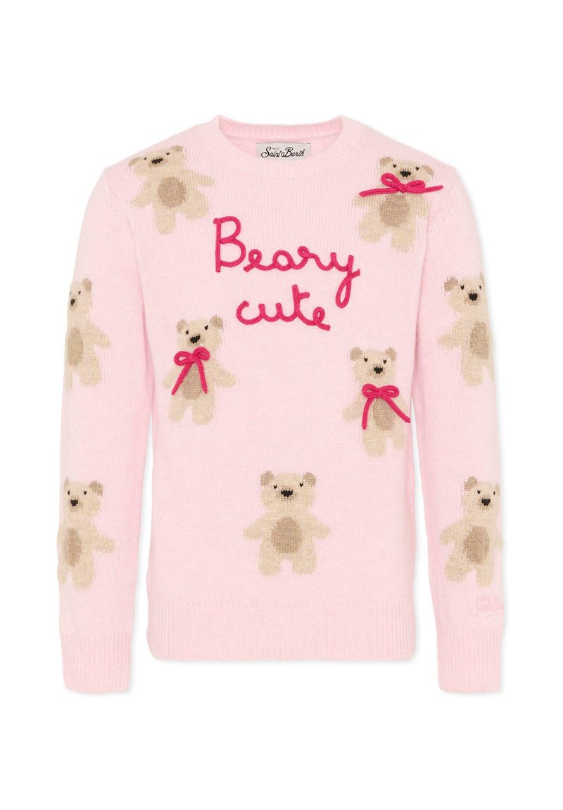 Różowy sweter dzianinowy z beżowymi motywami niedźwiadka i czerwonymi kokardkami oraz frazą "Beary cute" w różowym kursywie z przodu.