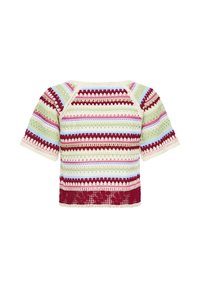 Háčkovaný top s krátkym rukávom s horizontálnymi pruhmi v červenej, krémovej, zelenej, modrej a ružovej farbe, s kvetinovou čipkovou lemovkou na okraji.