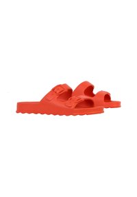 Red rubber sandals with two adjustable buckles, open toe design, and a contoured footbed; textured sole for traction.