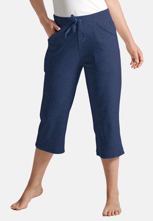Pantalons capri bleu marine en tissu doux, avec une taille à cordon de serrage et deux poches latérales. Coupe droite avec une coupe ample, sans motifs visibles.