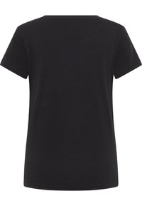 Czarna koszulka z krótkim rękawem wykonana z bawełny, posiada dekolt w serek i gładką teksturę; prosty design bez wzorów czy akcentów.