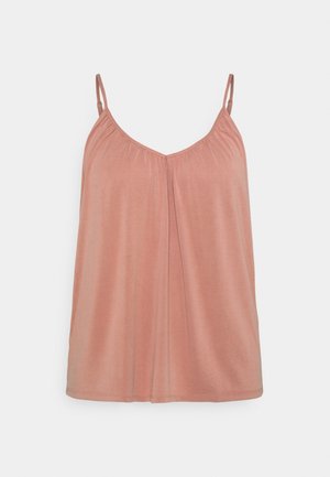 Haut camisole rose poudré sans manches avec fines bretelles ajustables et subtil détail de pli à l'avant sur un fond uni.