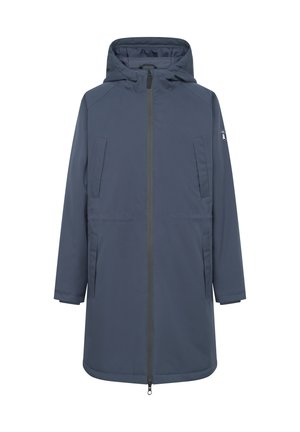 Marineblauwe jas met capuchon, voorzien van een ritssluiting aan de voorkant, twee zijzakken en versterkte naden voor duurzaamheid. Soepele stoftextuur.
