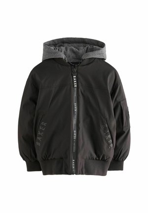 Čierna bundá na zips so sivou kapucňou, na boku s brandingom "BAKER" a mäkkými elastickými manžetami, vhodná na bežné nosenie.