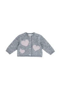 Cardigan grigio lavorato a maglia con maniche lunghe e scollatura rotonda. Presenta motivi a cuore rosa sul davanti e chiusura con bottoni sul davanti.