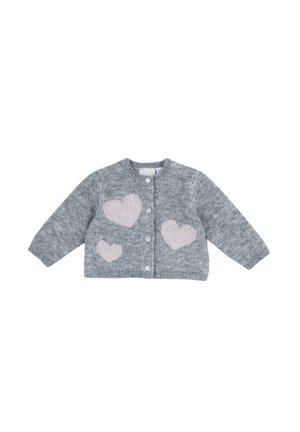Cardigan grigio lavorato a maglia con maniche lunghe e scollatura rotonda. Presenta motivi a cuore rosa sul davanti e chiusura con bottoni sul davanti.