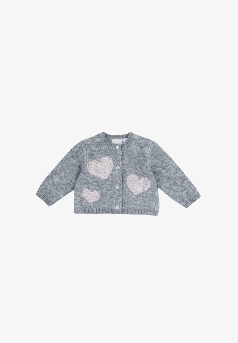 Cardigan grigio lavorato a maglia con maniche lunghe e scollatura rotonda. Presenta motivi a cuore rosa sul davanti e chiusura con bottoni sul davanti.
