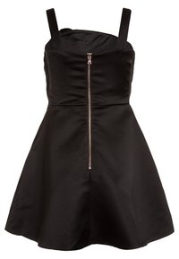 Svart ärmlös klänning med anpassad överdel och utsvängd kjol, med en framzipper och slät satintextur.