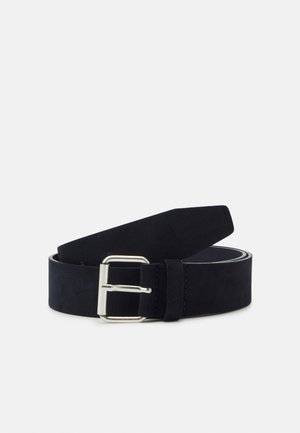 Black suede belt with a silver square buckle, rolled up on a white background.