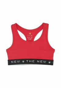 Sutien sport roșu cu spate tip racerback, având o bandă elastică neagră la bază, cu text și logo alb "THE NEV/".