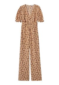 Jumpsuit floreale con sfondo beige e margherite bianche e arancioni, maniche corte a sbuffo, scollatura a V profonda e vita arricciata.