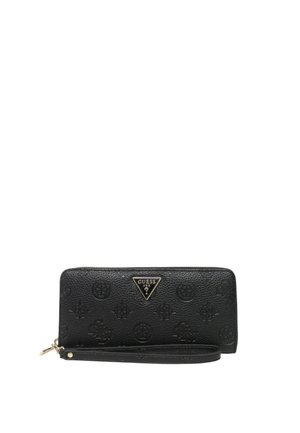 Portafoglio in pelle nera, motivo goffrato, forma rettangolare, targhetta con logo dorato, chiusura con zip, cinturino per un facile trasporto.