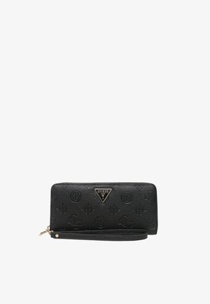 Black leather wallet, embossed pattern, rectangular shape, gold-tone logo plaque, zip closure, wrist strap for easy carrying.