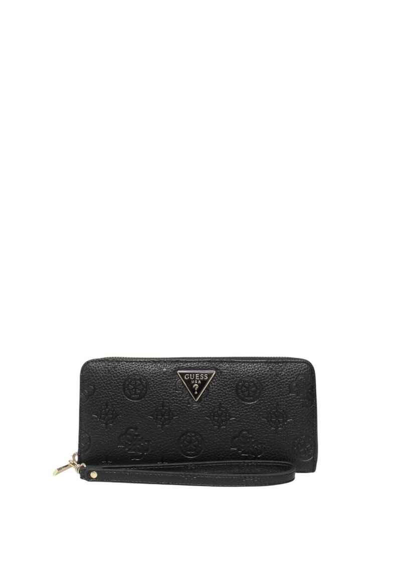 Portafoglio in pelle nera, motivo goffrato, forma rettangolare, targhetta con logo dorato, chiusura con zip, cinturino per un facile trasporto.