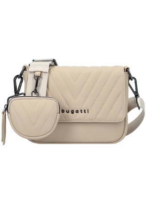 Borsa a tracolla beige con design trapuntato, dotata di portamonete rotondo staccabile, tracolla regolabile e dettaglio con logo. Texture liscia.