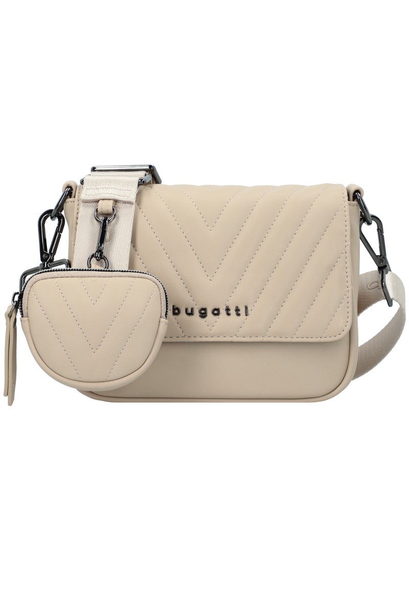 Beżowa torebka crossbody o pikowanym wzorze, wyposażona w odpinaną okrągłą saszetkę na monety, regulowany pasek i detal z logo. Gładka tekstura.