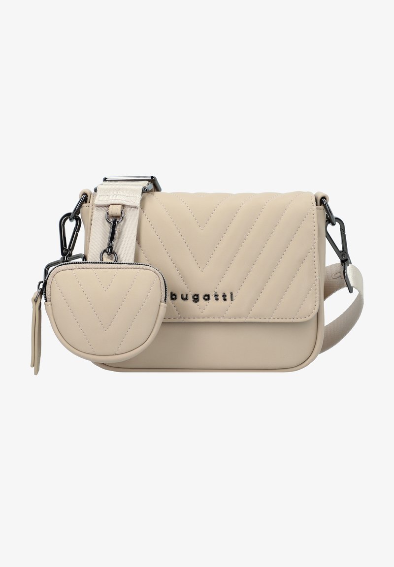 Bolsa de ombro bege com design matelassé, apresentando uma bolsa redonda para moedas destacável, alça ajustável e detalhe do logótipo. Textura suave.