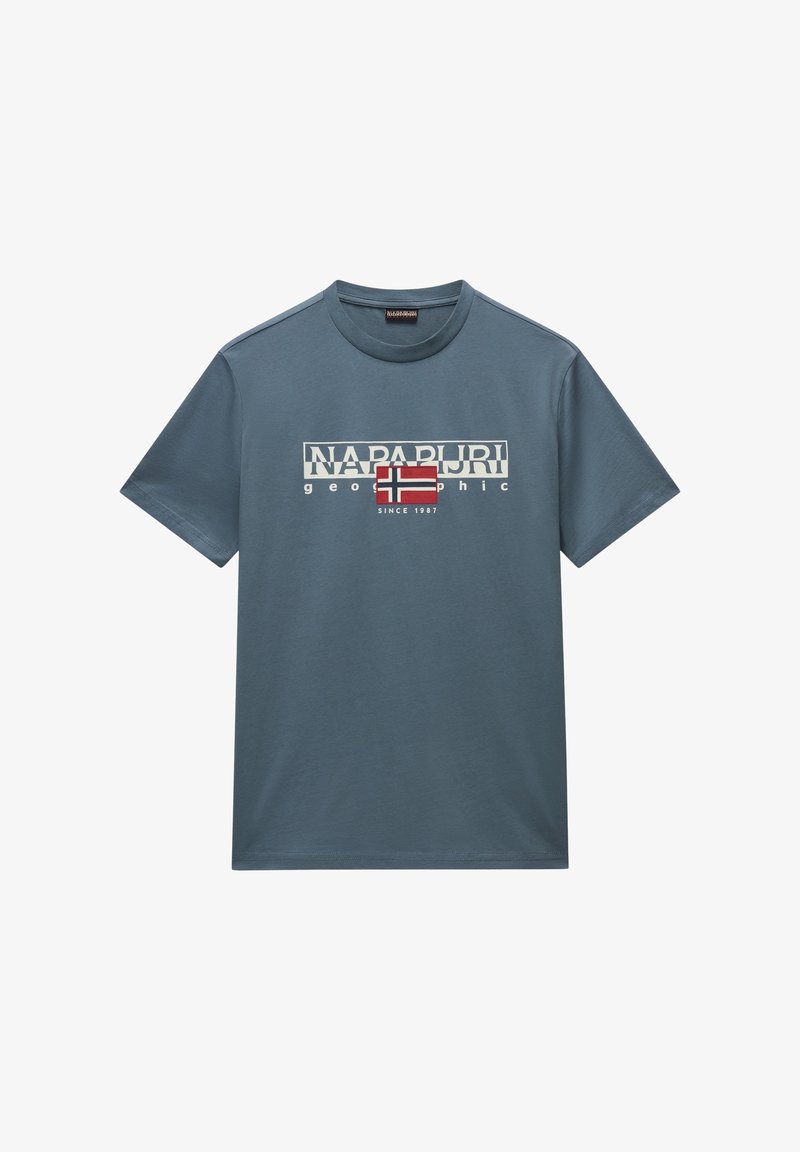 T-shirt in cotone grigio con maniche corte, caratterizzata da una grafica testuale bianca e rossa e un design a bandiera sul davanti. Collo tondo, vestibilità regolare.