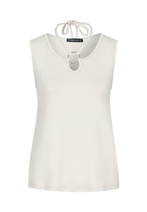 Haut sans manches blanc avec un col rond, doté d'une découpe circulaire et d'une fermeture à nouer au dos. Texture lisse et design ajusté.