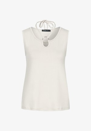 White sleeveless top with a round neckline, featuring a circular cutout and a tie closure at the back. Smooth texture and fitted design.